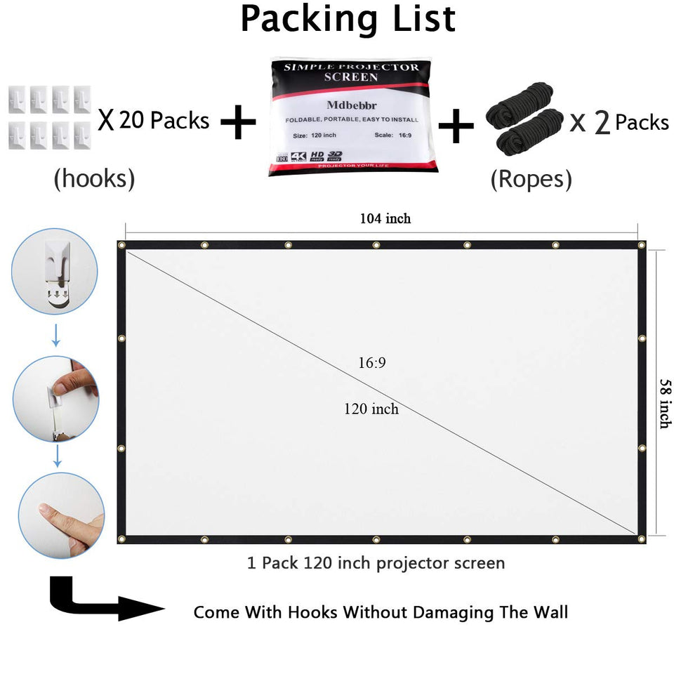 Mdbebbron 120 inch Projection Screen 16:9 HD Foldable Anti-Crease Portable Projector Movies Screen for Home Theater Outdoor Indoor Support Double Sided Projection